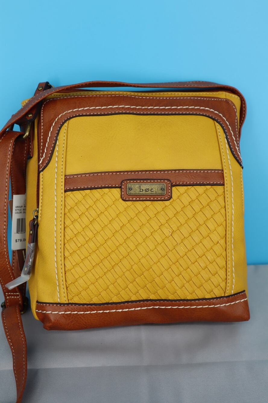 b.ø.c Born Rockville Crossbody Bag Dijon Yellow Saddle NWT Woven Pocket